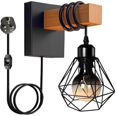 louawieng Plug in Wall Light, Industrial Wood Wall Lamp, Black Wall Sconce with Switch Cord E27 Socket, Aesthetic Decorative Indoor Lighting for Bedroom Living Room(No Bulb)