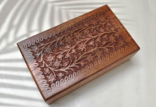India House Hand Carved Wooden Jewelry Storage Box Multipurpose Decorative Vintage Style Keepsake Trinket Case Holder Treasure Chest Necklace Earring Organizer Great Gift (10x6x3 inch)