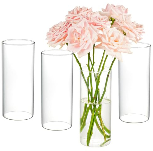 KAMJUNTAR Blumenvase Glas 4 Stück 20,3 cm Glasvasen Set Zylindervase Glasvase Zylinder Vasen Glas Glasvasen für Tischdeko, Homer-Dekor, Hochzeit