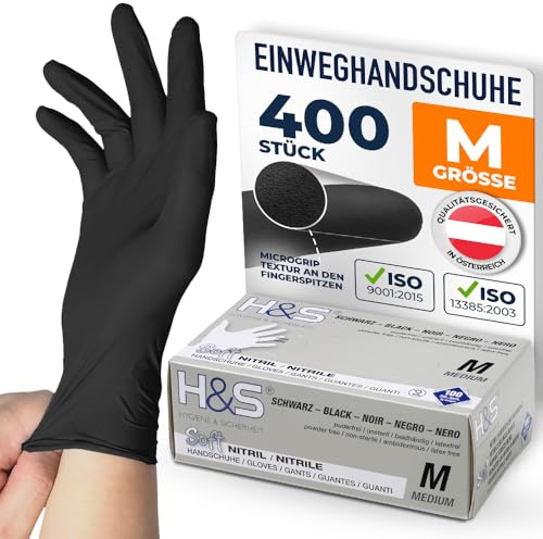ISC Hygiene & Safety Nitrilhandschuhe M, Einweghandschuhe, Einmalhandschuhe, Kochhandschuhe Lebensmittel - 400 Stück Größe 8 Medium schwarz - puderfrei non latex latexfrei - Gummihandschuhe Einweg