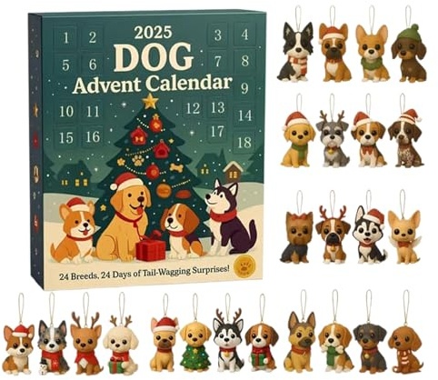 Hunde Adventskalender 2025 | 24 Tage Adventskalender Hund Anhänger Weihnachtskalender | 2D Acryl Niedliche Hunde Ornamente Christbaumschmuck Countdown Kalender für Hundeliebhaber und Familien (B)