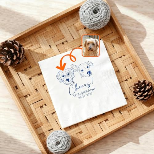 Hochzeitsserviette für Haustiere – Personalisierte Hunde-Illustrationsservietten, Verlobungsparty-Servietten mit Haustierfoto, Brautpartys, Deal-Dekorationen für Cocktails und Empfang