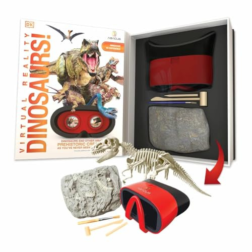 VR Box Set Dinosaur ncludes 80 page DK interactive book, VR goggles, dig-out rock and tools to uncover a 10” T-Rex fossil.