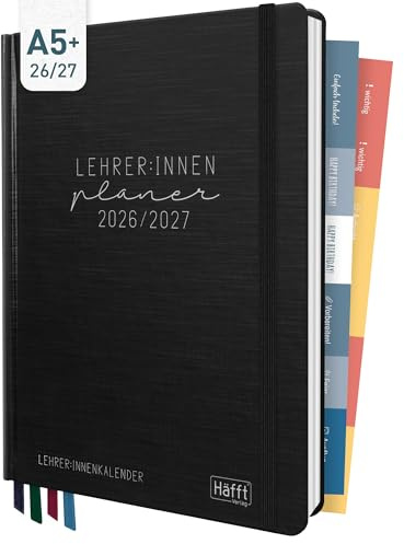 Häfft® Lehrer-Planer 2026/2027 im A5+ Format Black Edition | Praktischer Lehrerkalender & Schulplaner mit Hardcover, 4 Lesebändchen, Stickern, Notenlisten & vielem mehr!