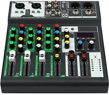 4-Kanal-DJ-Mixer Professionelle DJ Mischpult Tragbare DJ Mischer Digitale DJ Konsole mit USB DJ Controller Audio Mixer Audio Interface Mischpulte für Studioaufnahmen, Bars, Musikkneipen, Schwarz