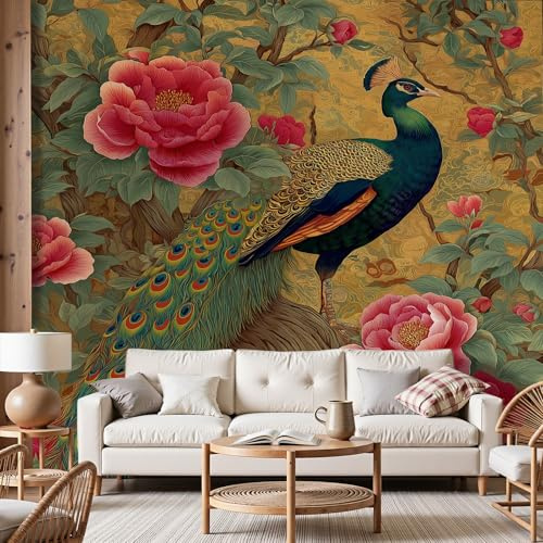 Dyjuaa Pfau Pfingstrose Fototapete 250x175 cm Retro Blumenmuster Tapete Orientalisch Aesthetic Fototapeten Vlies Tapeten Vliestapete Wandtapete Wandbild Wand Schlafzimmer Wohnzimmer Ornament