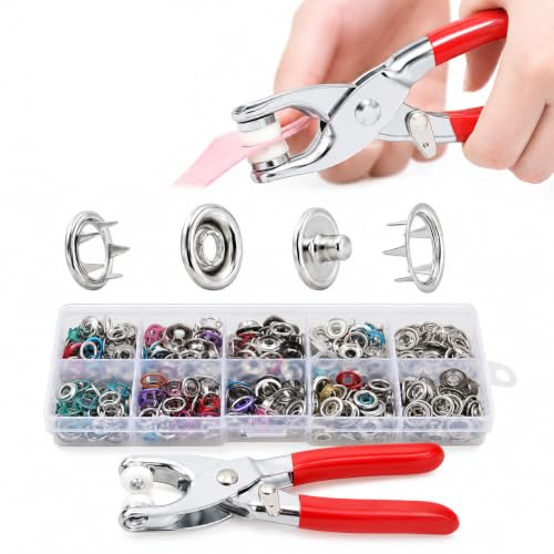 Poppers Fasteners Kit,100Pcs Snap Fastener Kit with Press Studs,No-Sew Snap Buttons with Fastener Pliers Tool,Grommet Kit,Metal Snap Buttons,Grommet Kit for Sewing,Crafting, and DIY Projects