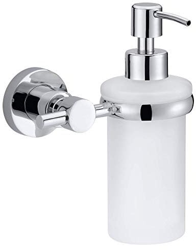tesa LOXX Seifenspender-Set, satiniertes Glas und verchromter Edelstahl - Flüssigseifenspender zur Wandbefestigung ohne Bohren, inkl. Klebelösung - 127 mm x 170 mm x 107 mm