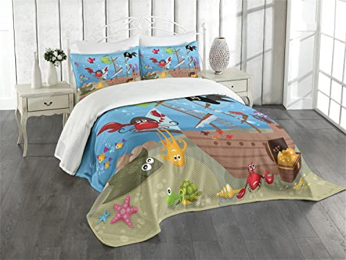 ABAKUHAUS Pirat Tagesdecke Set, Schiff Unterwassertiere, Set mit Kissenbezügen Waschbar, für Einzelbetten 170 x 220 cm, Aqua Braun