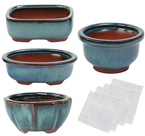 kilofly Mini-Blumentöpfe Happy Bonsai, glasiert, 4 Stück, mit 4 weichen Drainagesieben