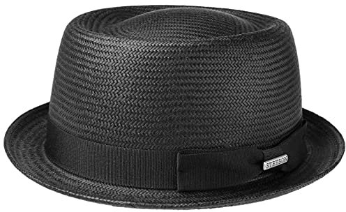 Stetson Classic Toyo Pork Pie Strohhut Sommerhut Sonnenhut Strandhut Damen/Herren - mit Ripsband Sommer Frühling-Sommer - S (54-55 cm) schwarz