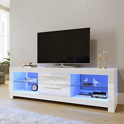 ELEGANT 1600mm Modern High gloss TV Stand Cabinet with LED Light for 22-65 Flat Screen 4k TVs/Living Room Bedroom Furniture TV Cabinet with Shelves and Drawers for Media Storage,White