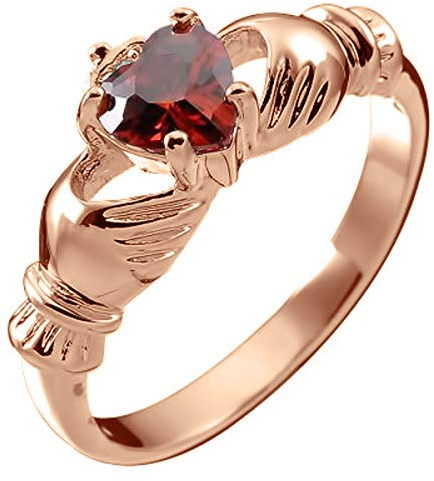 GWG Jewellery Anello Placcato in Oro Rosa 18K Claddagh con Cuore in Rosso Rubino, Mani e Corona in Confezione Regalo per Donne
