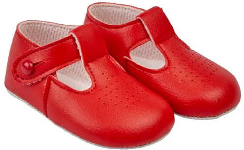 EARLY DAYS Baypods: Soft Soled Pre Walker Shoes for Boys & Girls, Faux Leather T Bar Style B625 With Hole Punch, Made in England, Red, 0 UK Child