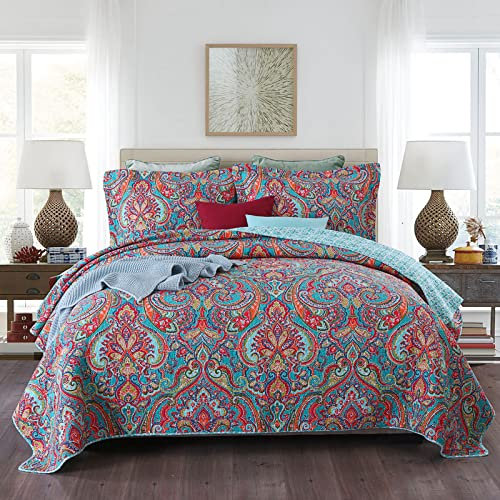 Qucover Couvre-lit 2 Personnes 240x260cm, Boutis Couvre-lit Rouge en Coton,Couverture Matelassé avec 2 Taies d'oreiller 50X90cm,Couvre-lit d'Eté Climatisation,Plaid Canape Grande Taille
