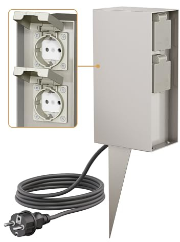 ledscom.de Garten-Steckdosen-Säule POMI mit Erdspieß und 2m Kabel für außen, IP44, 4-Fach, Edelstahl, eckig, 23cm