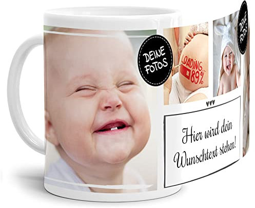 Foto-Tasse selbst gestalten mit Text & Collage für 4 Fotos - Geschenk für Familie, Freunde, Geburtstag, Weihnachten - Keramik Weiß, 300 ml I Personalisiert