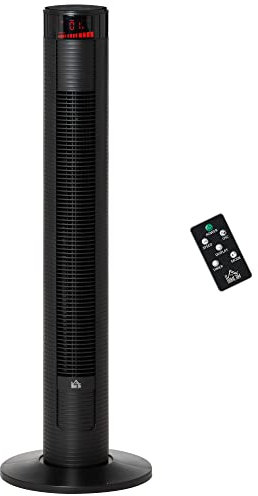 HOMCOM Ventilador de Torre Silencioso Bajo Consumo 96 cm 45W con Mando a Distancia 3 Velocidades 4 Modos Oscilación de 70° Pantalla LED Táctil Temporizador 12h y Asa de Transporte Negro