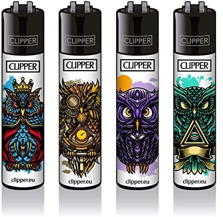 Clipper® 4er Set Owls Lighter Flints Feuerzeug Schlüsselanhänger Flaschenöffner