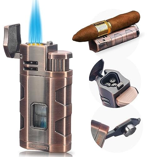 PROMISE Torch Lighter Triple Jet Flame Refillable Butane Cigar Lighter Windproof Lighters with Cigar Punch - Butane Not Included (Red Copper-E)
