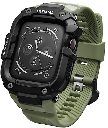 ULTIAML Funda protectora con correa compatible con Apple Watch 9/8/7 45 mm, ajustable a prueba de golpes, brazalete deportivo resistente, color verde