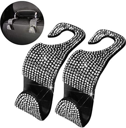 Car Seat Back Hook, 2 Pcs Car Seat Back Purse Holder Hook Bling Rhinestones Hanger Headrest Auto Seat Hook Bling Car Headrest Hooks for Auto Backseat (White)