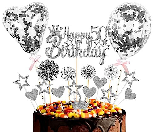 Guoguonb Silber Tortendeko Happy 50th Birthday 50 Jahre Männer Damen Kuchendeko Herz Stern Ballon Glitter Cake Topper für 50. Geburtstag Party Kuchen Deko