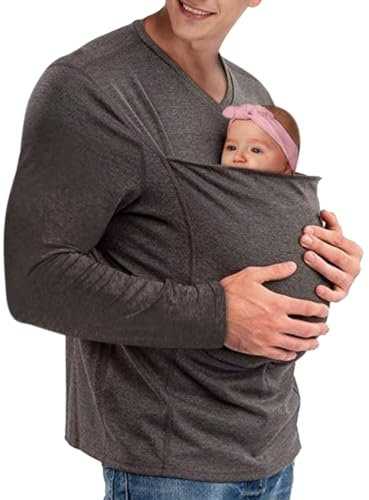 Oanviso Babytrage für Herren Baby Carrier Shirt Vater Känguru T-Shirt V-Ausschnitt Langarm T-Shirts Atmungsaktives Känguru Shirt für Papa und Baby Schwanger Kleider B Grau XXL