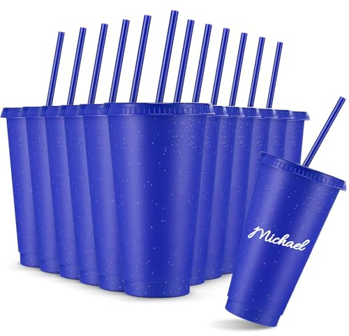 Amyhill 12 Pcs Reusable Glitter Cups with Lids and Straws 24 oz Plastic Tumbler Iced Coffee Cup Travel Mug Party Cups for Smoothie Juice Birthday Sleepover Party Supplies for Girls(Navy Blue)