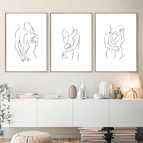 HTWLMM Abstrakte Paar Kuss Strichzeichnung Bilder Liebe Schwarz Weiß Leinwand Malerei Gemälde Poster Kunstdruck für Wohnkultur Wohnzimmer Wanddekoration (3X40X50CM,Kein Rahmen)