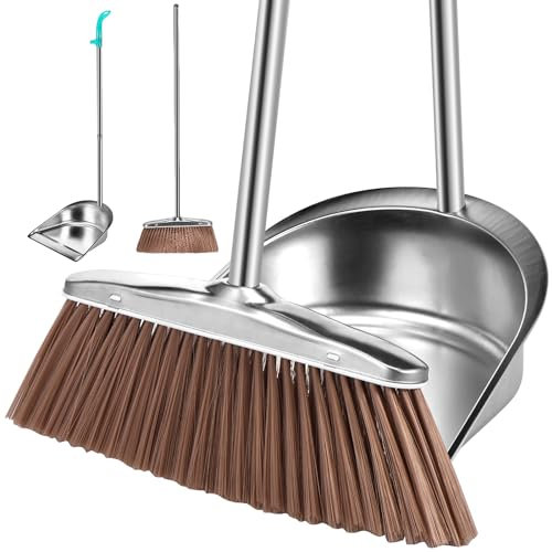 Metal Dustpan and Brush Sets Long Handle Broom and Dustpan Set Stainless Steel Upright Sweeper and Dustpan Set for Indoor Outdoor Home Office Dorm Pet Hair(round,A)