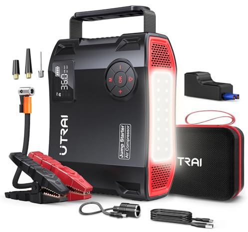 UTRAI Booster Batterie Voiture 6000A, Demarreur Batterie Voiture avec Gonfleur 150 PSI, Jump Starter Voiture avec 1600 Lumens Lumière LED, QC3.0, Port de Sortie DC (Tous Gaz ou 8L Diesel)