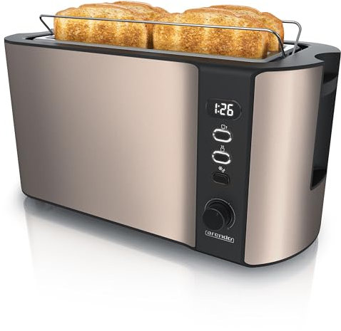 Arendo - Tostapane Moderno a 2 Fessure XXL - Scongela – Doppia Parete termoisolante - con Accessorio scalda Cornetto - 1500W - Vassoio raccogli briciole - Display con Tempo rimanente – Bronzo