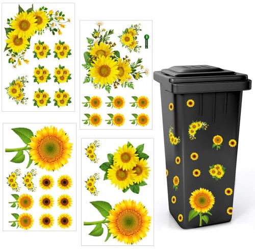 AffeGifts Sunflower Wheelie Bin Stickers, Flower Dustbin Sticker Self Adhesive Wheelie Bin Labels Waterproof Sunflower Stickers for Bins Decorative (4 Sheets)