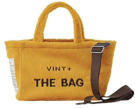 VINT+ Fluffy Bag Damen Handtasche – Teddy Shopper Tasche mit Reißverschluss und wählbarem Tragegurt – Flauschige Felltasche ideal für Arbeit, Uni oder Reise | Innenfutter Wasserabweisend | Gelb