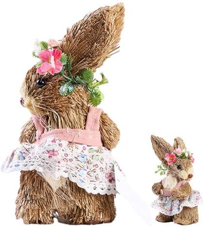y Sculptures - Statue de jardin en paille de lapin autonome | Décoration saisonnière de Pâques pour l'extérieur et l'intérieur, figurine de lapin en paille faite à la main avec motif de dessin animé