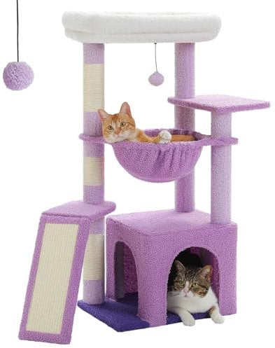 PAWZ Road Kaktus-Katzenbaum für Hauskatzen mit super großer Höhle, 1 Sisalbrett, 3 Kratzstämme, mit großer Hängematte und Sitzstange, 90 cm, Lila