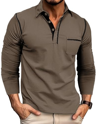 Rodawu Mens Long Sleeve Polo Shirts Cotton Polo T-Shirts Golf Tops Grandad T Shirt Brown Polo Shirt Men L