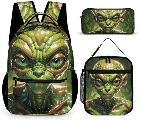 VFKLT 3 Pcs Backpack Set Green Alien Travel Bag Portable Casual Daypack Sports Backpacks with Lunch Box Pencil Case, Green Alien, One Size, Rucksack Backpacks