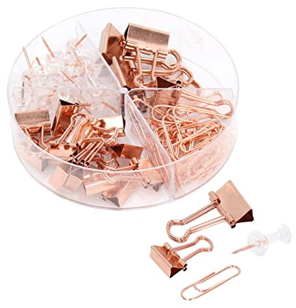 DriKou Trombones De Bureau, 72 PièCes Fournitures De Bureau Trombones Fantaisie BoîTe De Trombones Multifonctions Trombones De Reliure Trombones Punaises Kit De Clips De Bureau (Rose Gold)