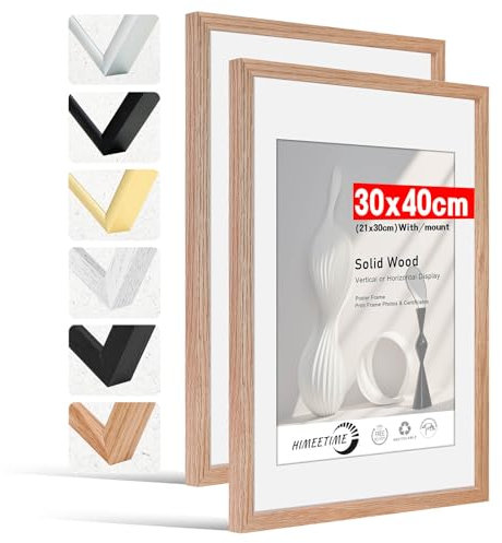 HIMEETIME® 2x Bilderrahmen 30x40 cm.aus massivem Eichenholz,Natur Eiche Holz Rahmen,Bild mit Passepartout Display A4(21x30cm),für Wandbehänge oder Tischdekoration