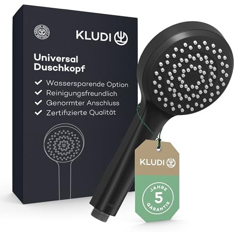 KLUDI-X1 Universal Duschkopf wassersparend als Option, Duschbrause mit 1 Strahlart, runder Brausekopf Ø 10,7 cm, reinigungsfreundlicher Shower Head mit Antikalk-Funktion in Schwarz Matt