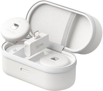 BOYA Micrófono Lavalier inalámbrico Omic-U-W para iPhone 15 Android USB-C PC portátil teléfono, cancelación de ruido, batería de 15 h, mini solapa inalámbrica Mic Podcast para grabación de vídeo,