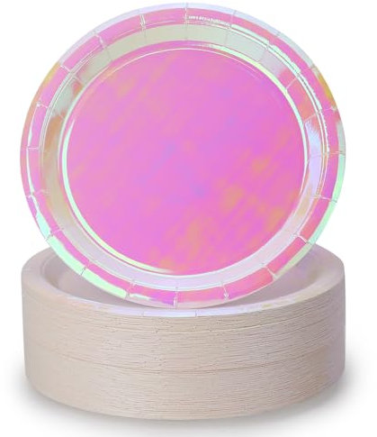 Pink Paper Plates 9 Inches [50 pack] Iridescent Disposable Rainbow Dinner Plates Cakes Salad Pizza Holographic Light Pink Pastel Party Decorations Supplies Picnic Home Birthday Anniversary Christmas