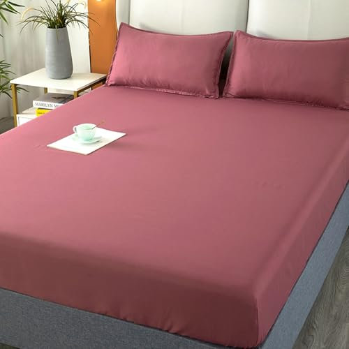Epinki Betttuch & 2er Kissenbezüge 150x200cm Set 3tlg Abwaschbar, Spannbettlaken Wasserbett Einfarbig Bohnenrosa Schlafkomfort, Polyester Baumwolle Tagesdecke