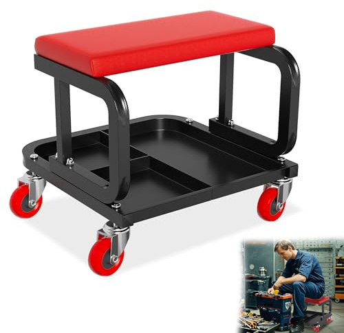 YRHome Tabouret d'atelier avec roulettes 36 x 18 cm Coussin d'assise doux, étagère et roulettes à 360° Siège d'atelier Chaise d'atelier pour atelier, garage, 150 kg