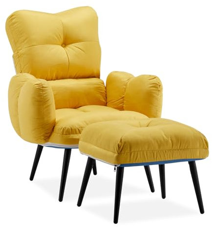 TUKAILAI Relaxsessel mit Liegefunktion, Sessel mit Hocker, Fernsehsessel mit Kopfstütze,Metallbeinen, Verstellbar Ohrensessel, Lesesessel bequem für Wohnzimmer Schlafzimmer Lounge, Leinen Gelb