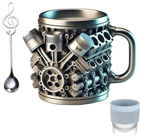 Sherum V-MAXX Becher mit V8 & V6 Design – 3D Edelstahl Kaffeebecher, doppelwandig isoliert, inkl. Silikon-Eiswürfelform & Löffel, Geschenk für Auto-Fans (V6)