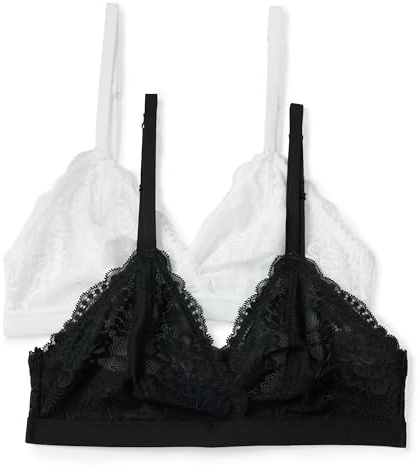 Amazon Essentials Bralette Triangular de Encaje Elástico con Detalles Mujer, Paquete de 2, Blanco/Negro, L