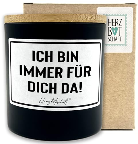 HERZBOTSCHAFT Duftkerze mit Spruch – Ich bin immer für Dich da! – liebevolles Geschenk, handgemachte Sojakerze im Glas, nachhaltig, optional mit personalisiertem Bambusdeckel